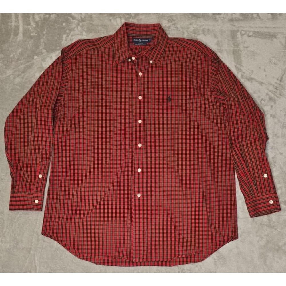 VTG Ralph Lauren Shirt Mens L Blake Red Tartan Plaid Two Ply Cotton‎ Blue Pony